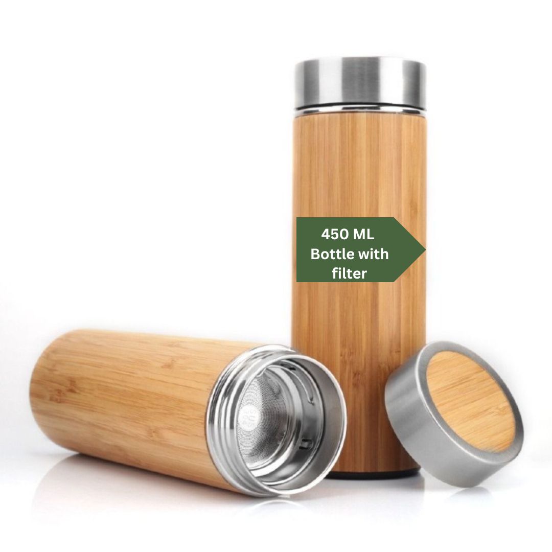 Bamboo Stainless Steel Bottle| Vacuum Insulated | Double Wall Hot & Cold | 450ml