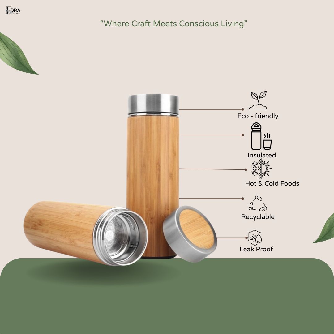 Bamboo Stainless Steel Bottle| Vacuum Insulated | Double Wall Hot & Cold | 450ml - Image 3