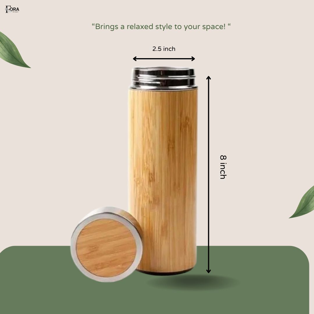 Bamboo Stainless Steel Bottle| Vacuum Insulated | Double Wall Hot & Cold | 450ml - Image 2