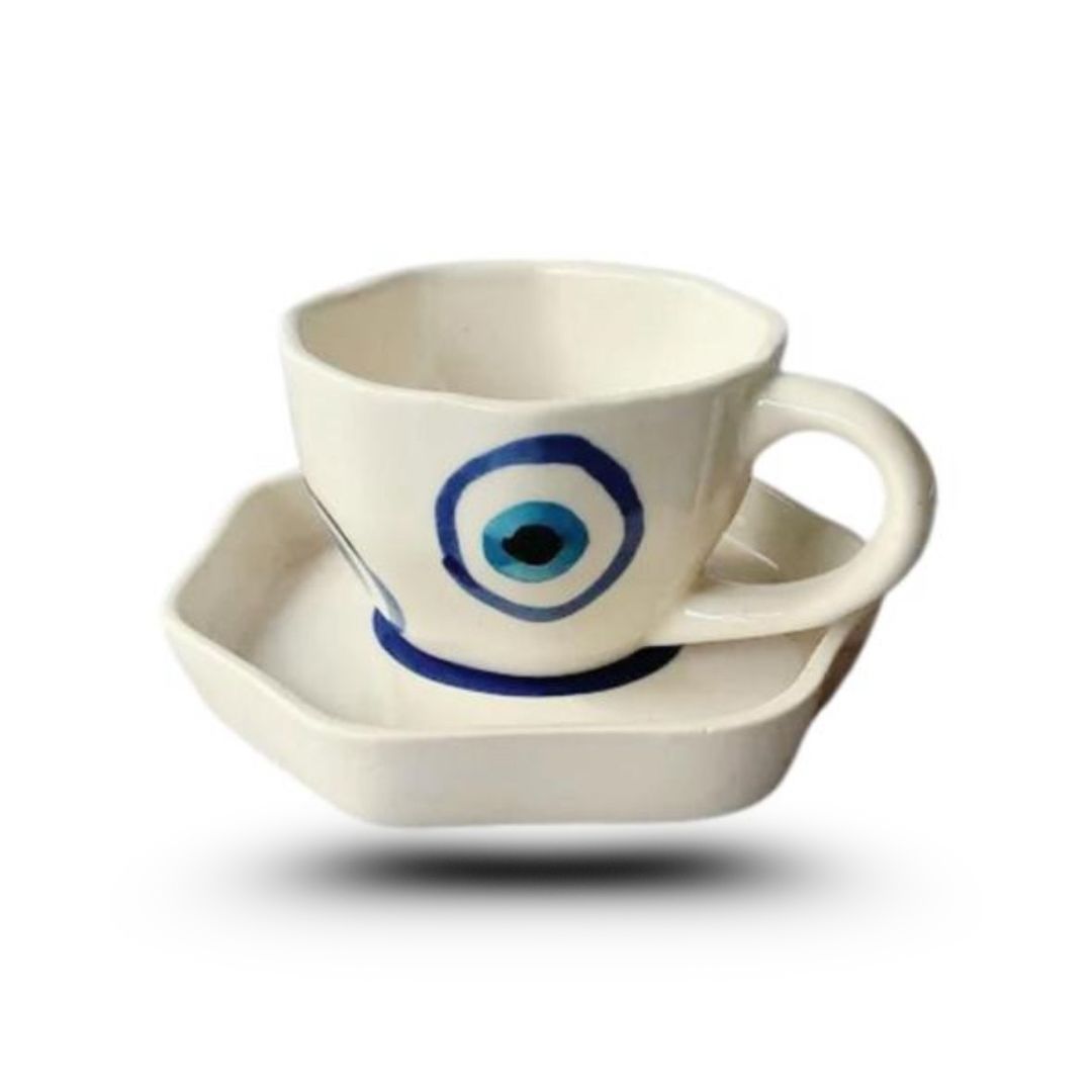 Handmade evil eye ceramic Tea Cup & Saucer Set || Microwave and Dishwasher Safe
