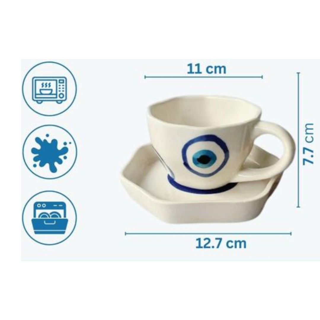 Handmade evil eye ceramic Tea Cup & Saucer Set || Microwave and Dishwasher Safe - Image 2