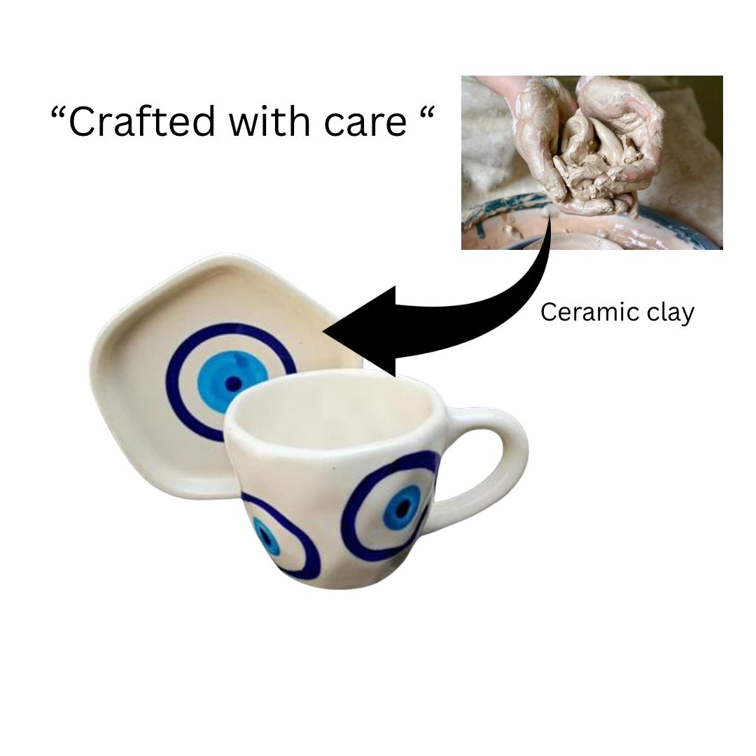 Handmade evil eye ceramic Tea Cup & Saucer Set || Microwave and Dishwasher Safe - Image 3